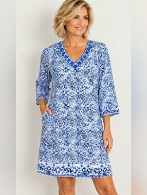 lands end women 10 12 m petite blue white floral 100% cotton shift dress pockets